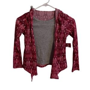 Open Front Hooded Cardigan with Grey Tank - Burgundy Ikat Print